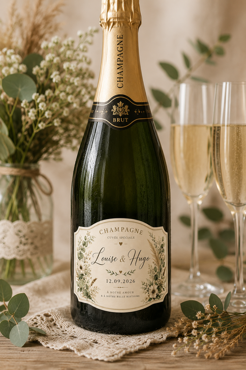 Etiquette de champagne personnalisée Mystère & Malice Studio