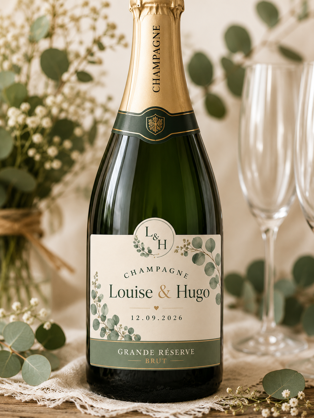 Etiquette de champagne personnalisée Mystère & Malice Studio